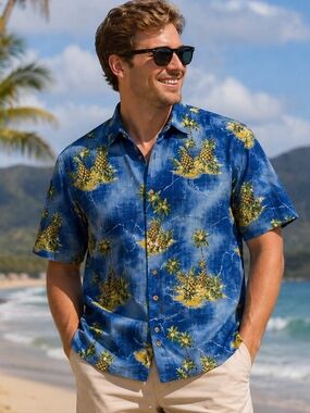 Island Shores Hawaiian Shirt Mens M Blue Tropical Palm Pineapple Button Up